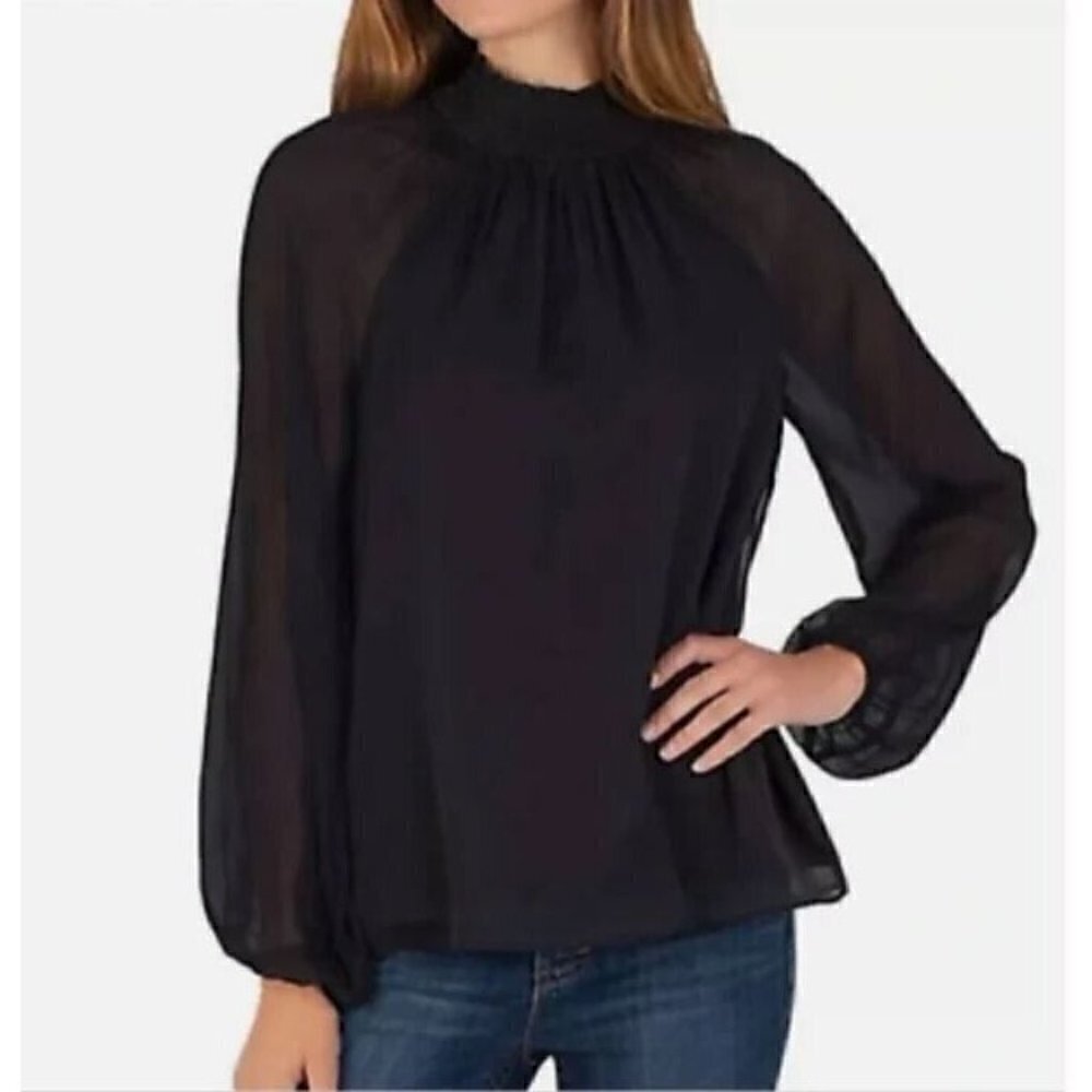 Joie Top Womens Large Smocked Mock Neck Balloon Sleeve Sheer Black Boho